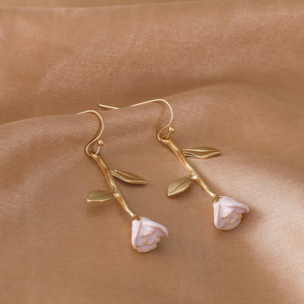 White Rose Stem Leaflet Drop Dangle Gold Earrings